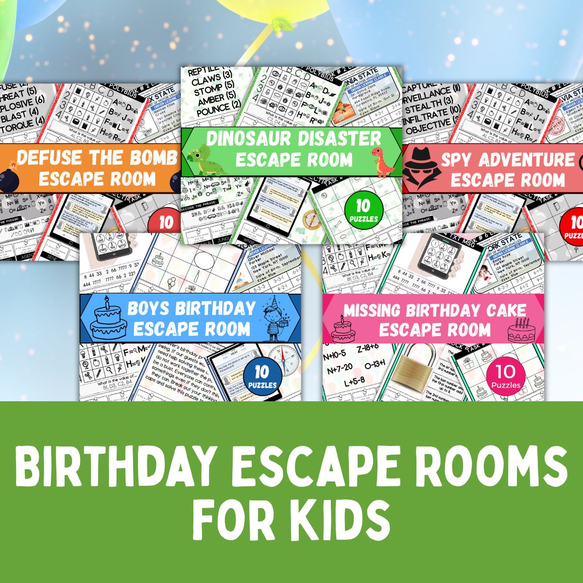 Collage of birthday escape rooms for kids.