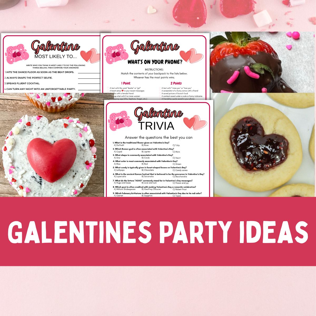 Collage of galentines party ideas.