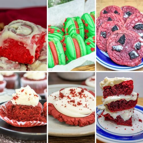 Collage of red velvet desserts.