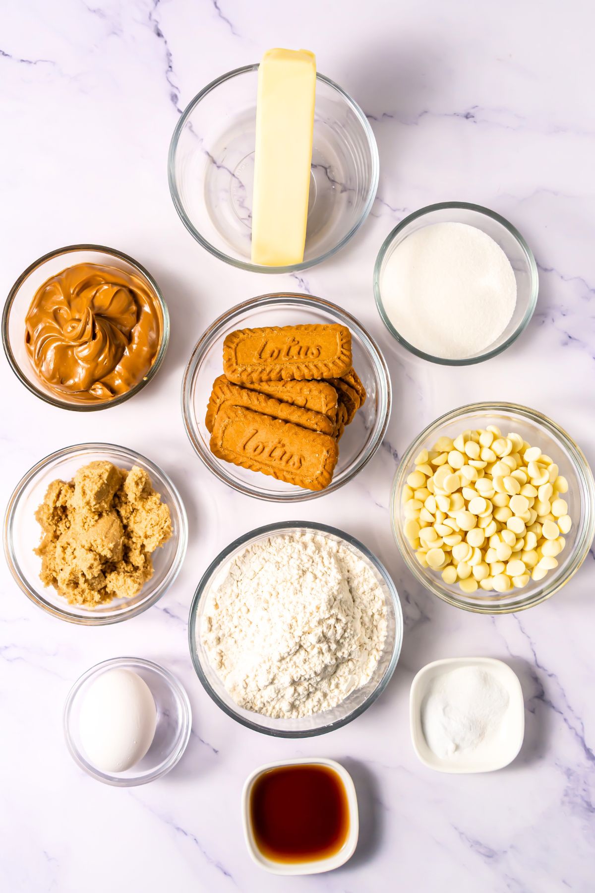 Crumbl bisoff cookie ingredients on a counter.