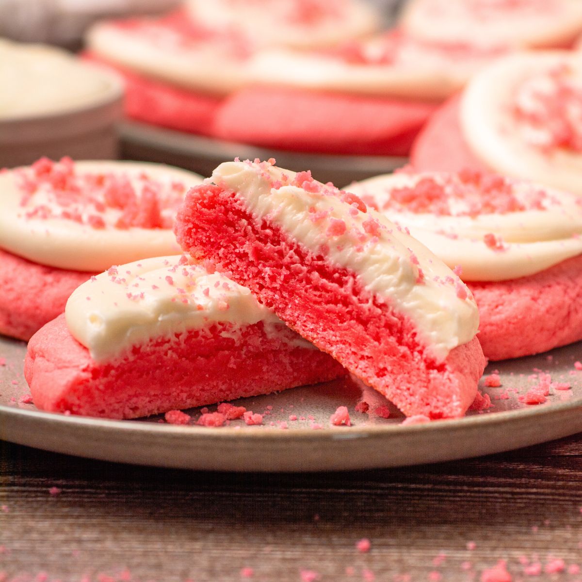 Crumbl pink velvet cookies on a plate.