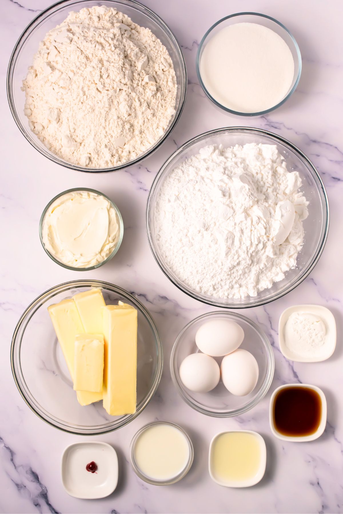 Crumbl pink velvet cookie ingredients on a counter.