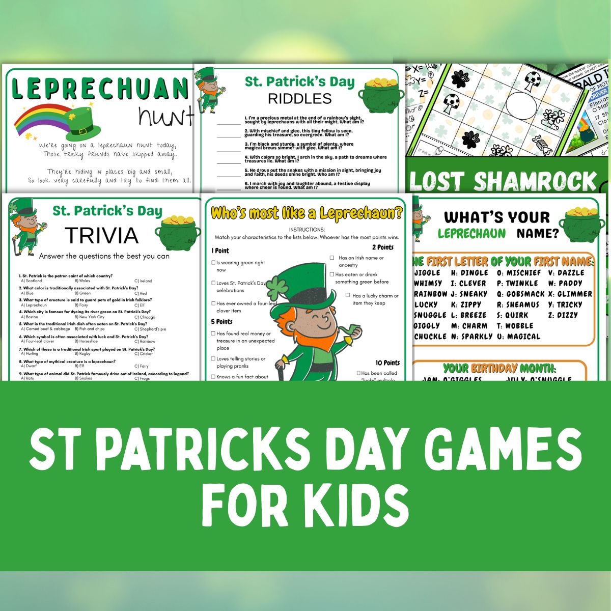 St patricks day party printable games for kids collage.