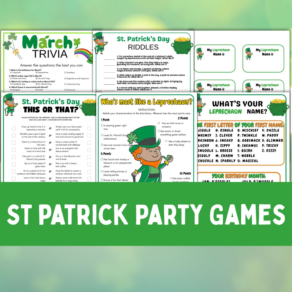 St patricks day party printable games collage.