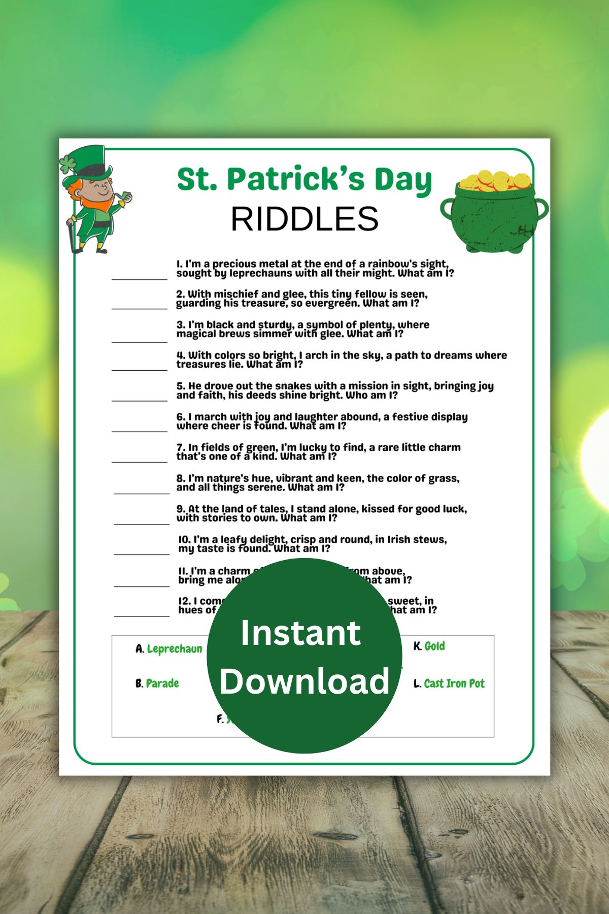 St Patricks Day Riddles printable game.