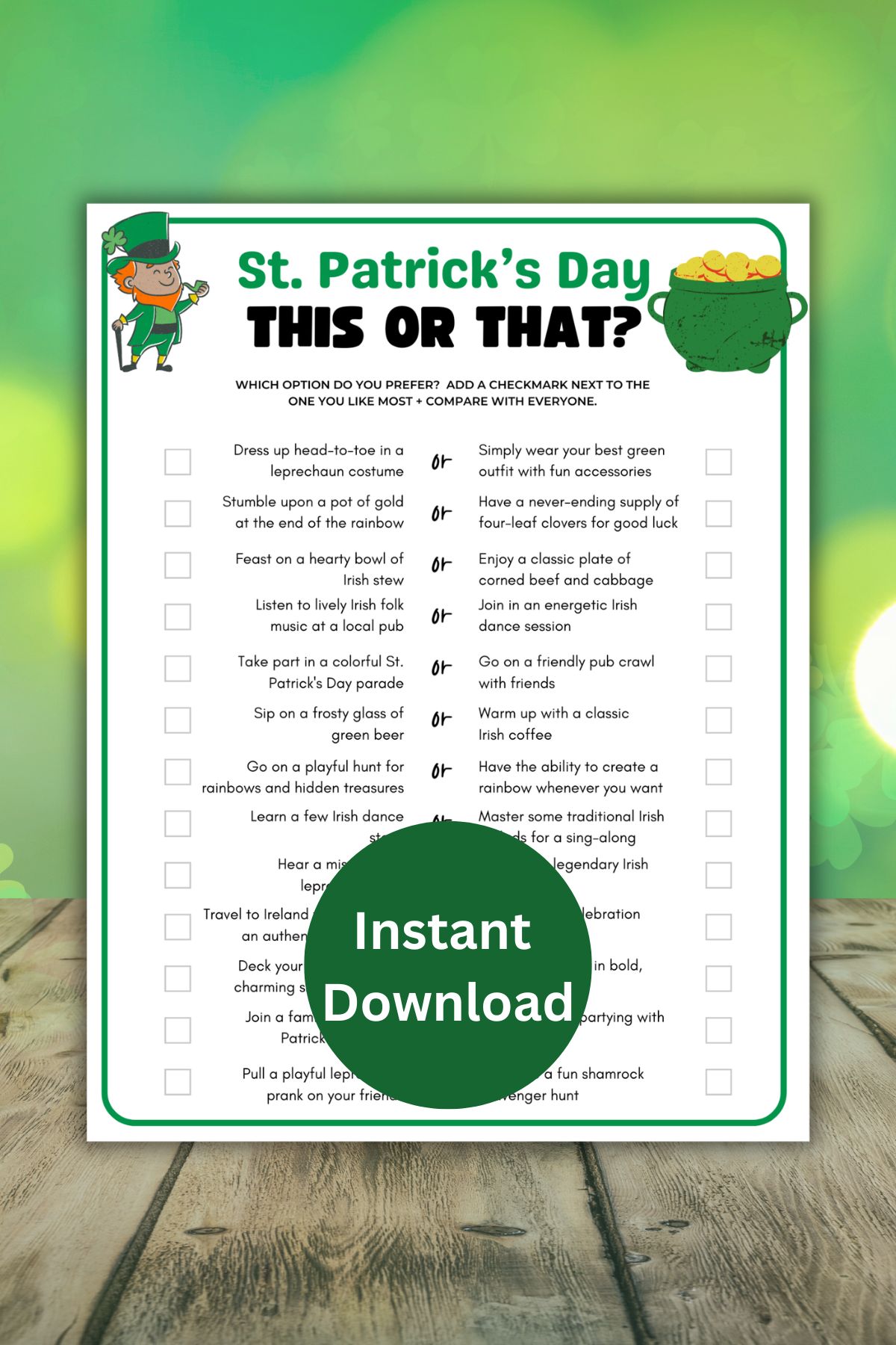 St Patricks Day This or That printable game.