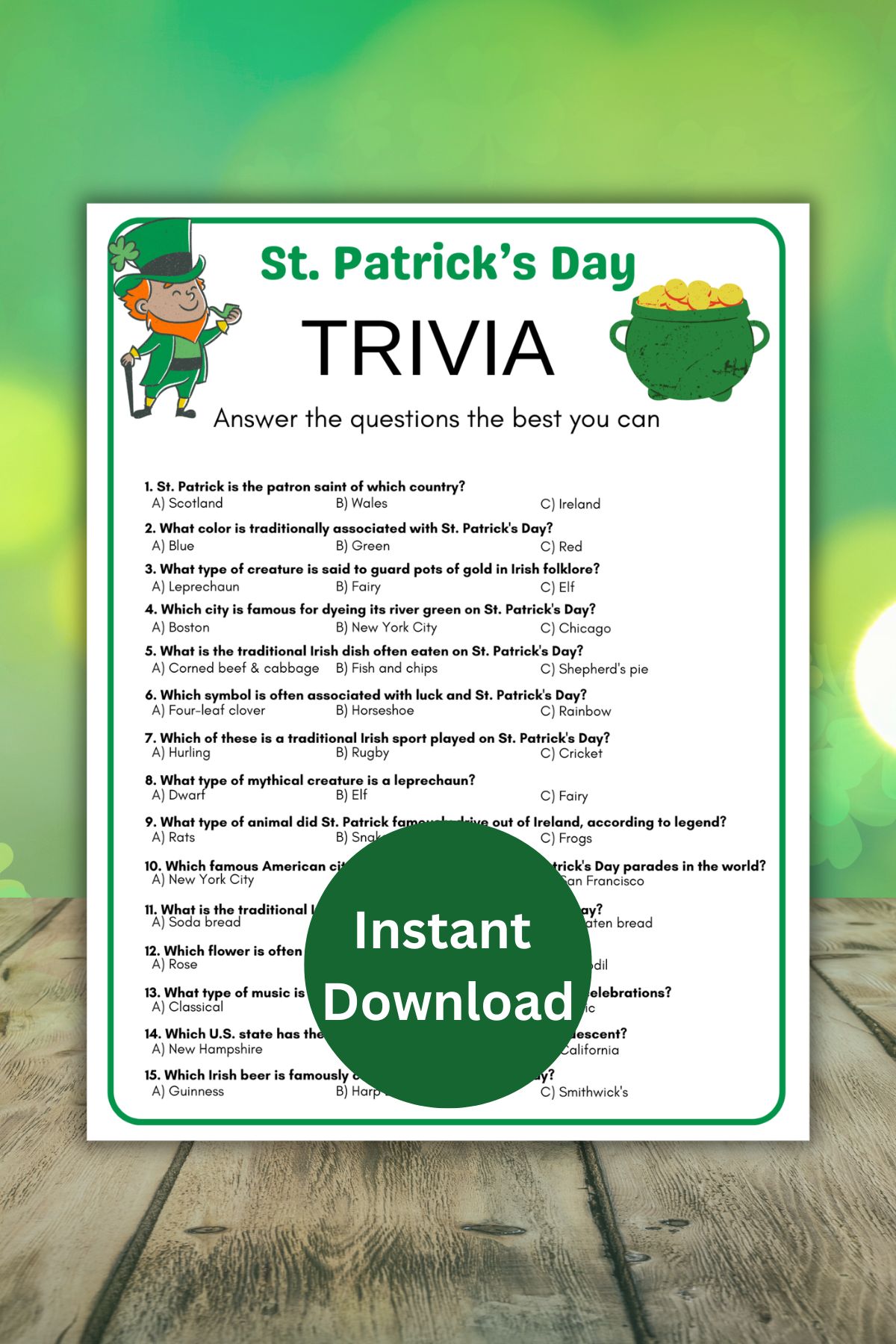 St Patricks Day Trivia printable game.
