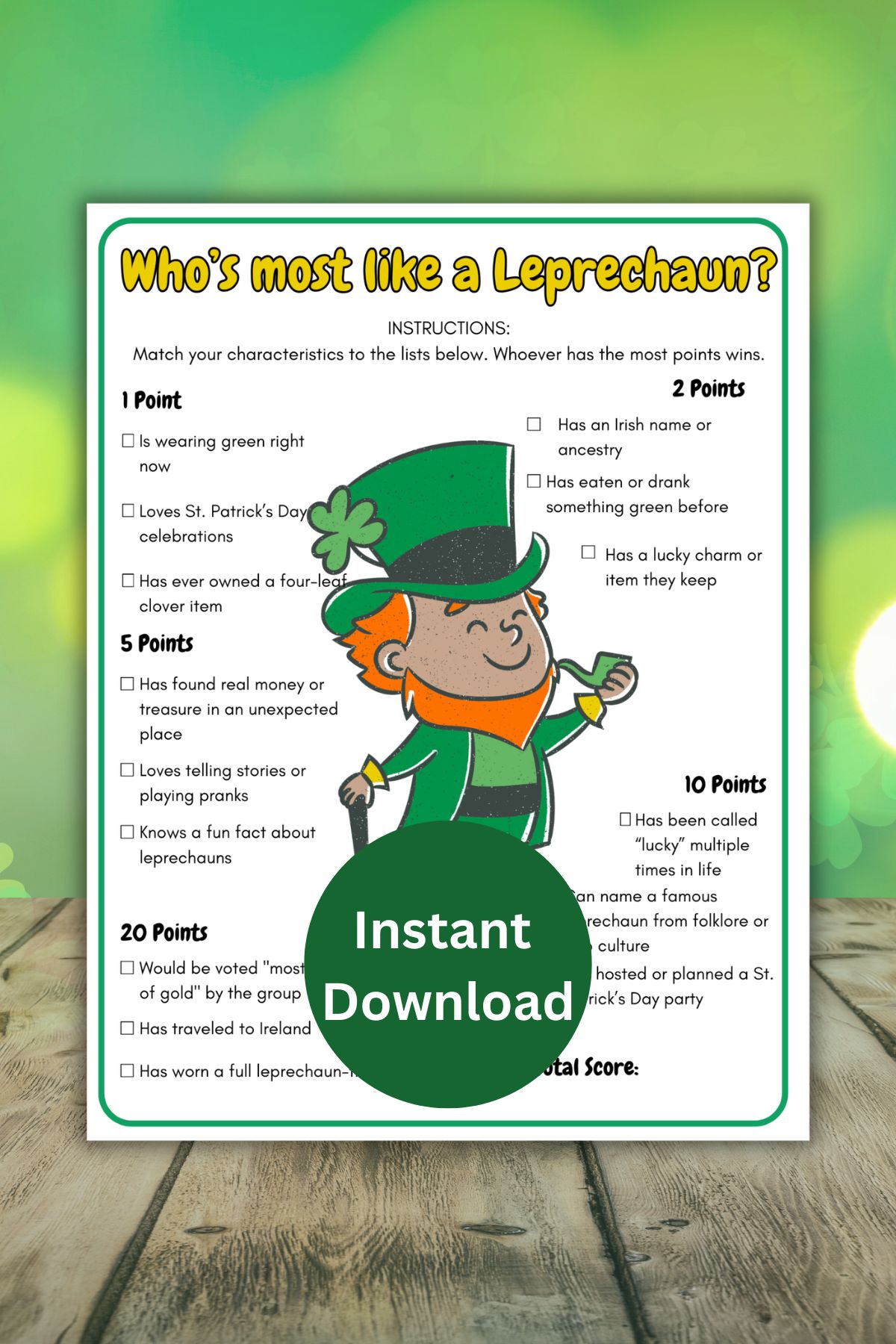 Whos most like a leprechaun printable game.