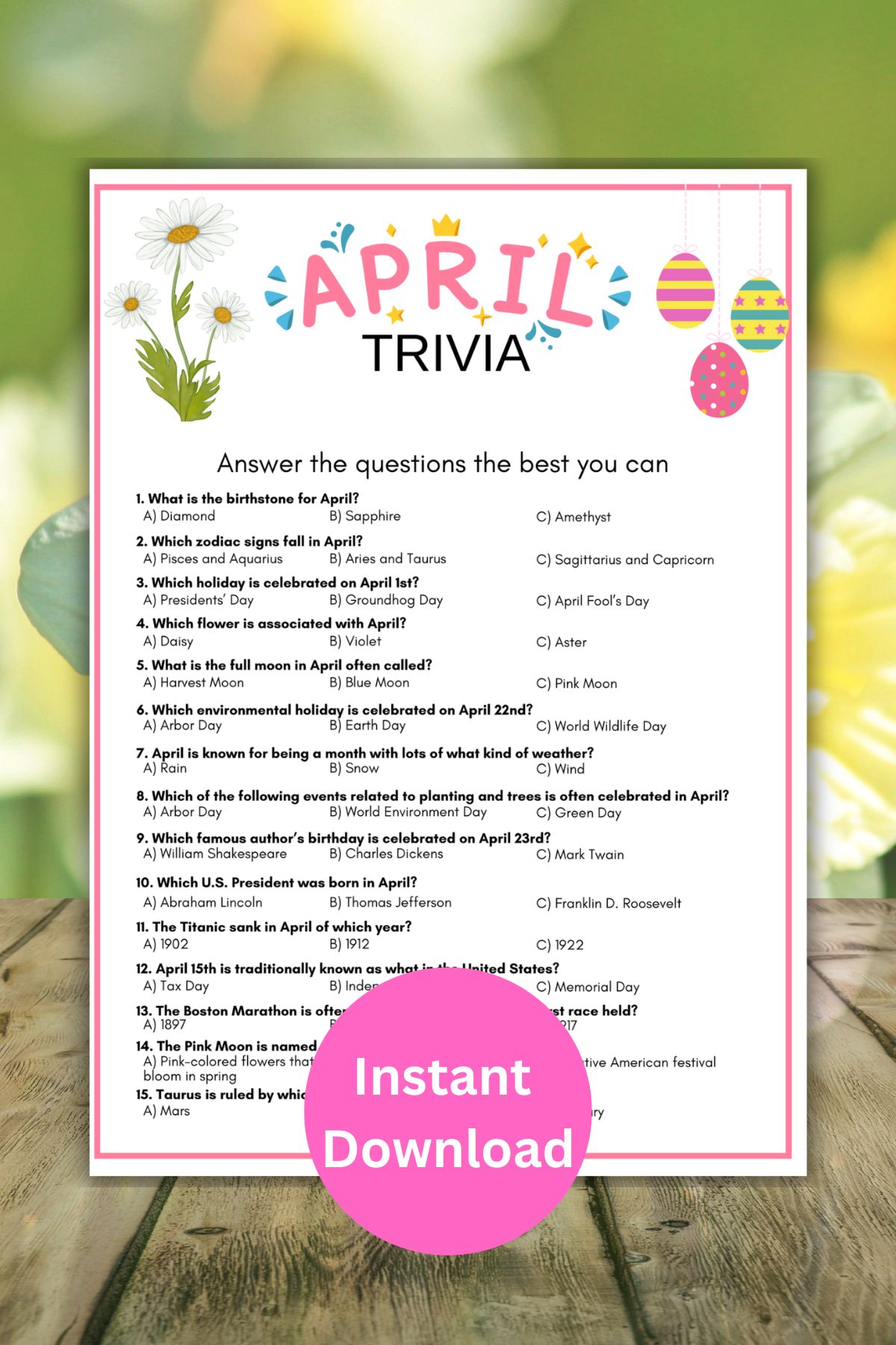Printable april trivia game.
