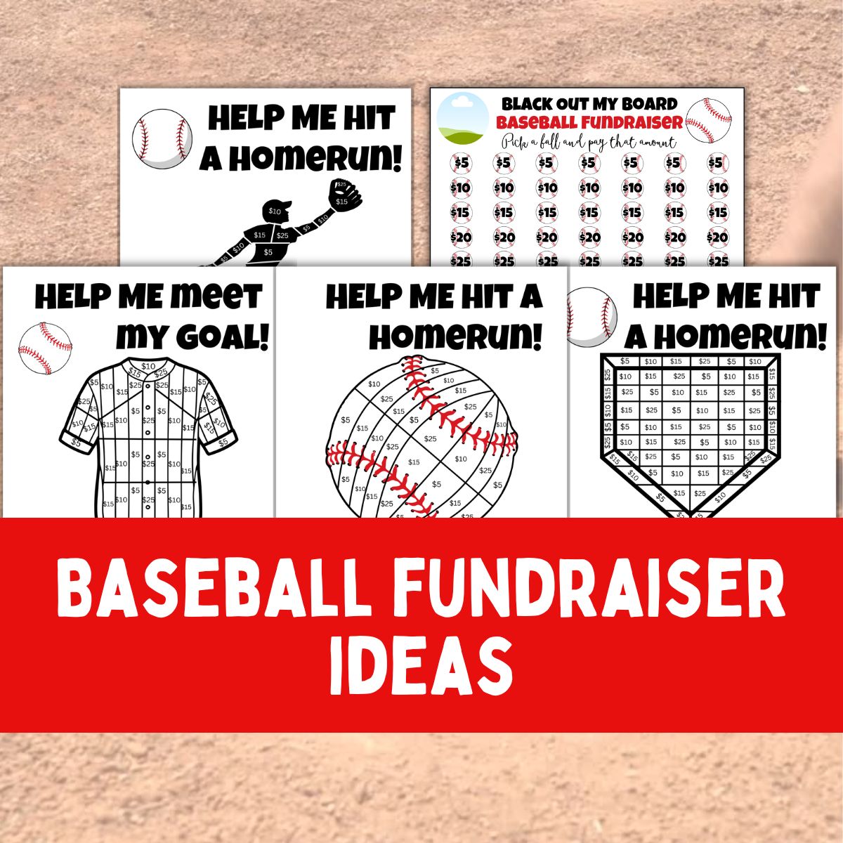 Collage of Printable fill my baseball fundraiser ideas.