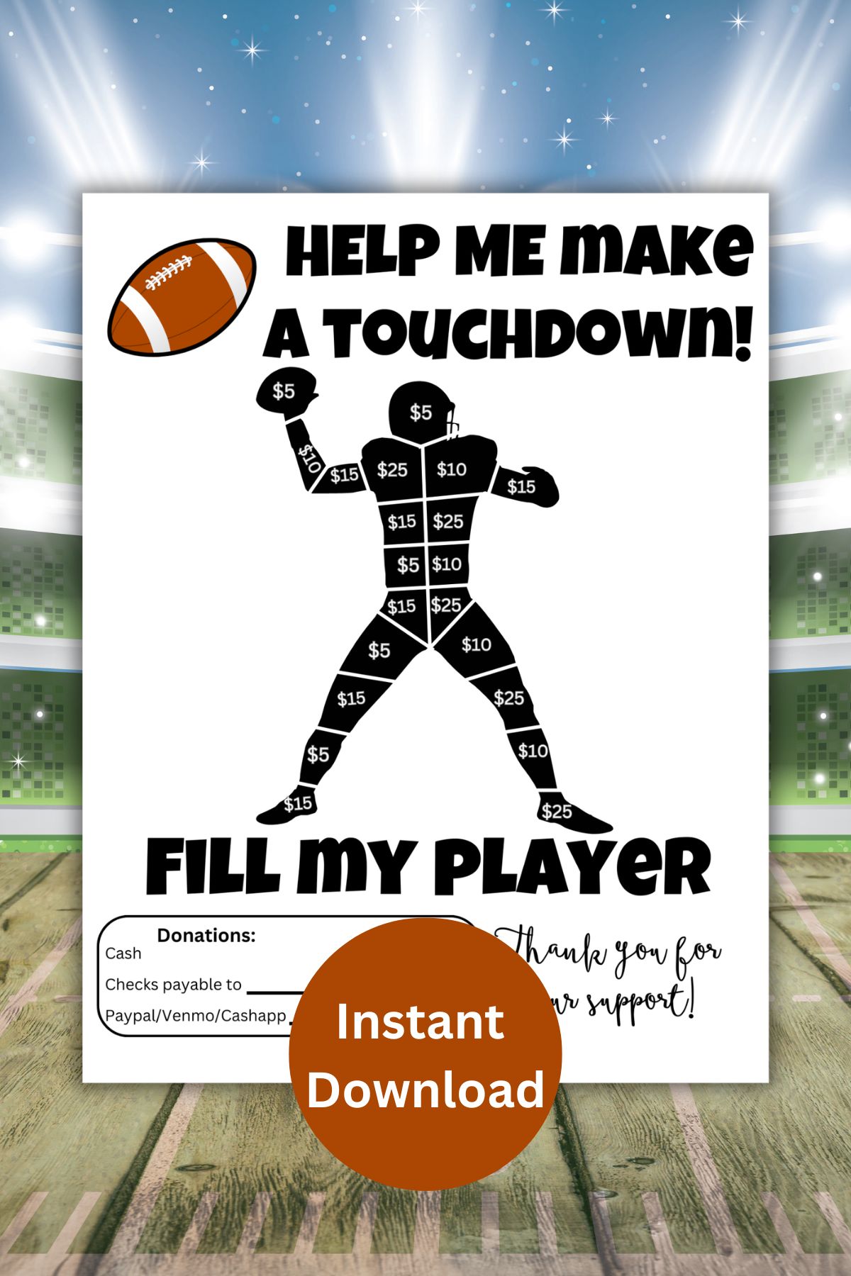 Printable fill my football player fundraiser.