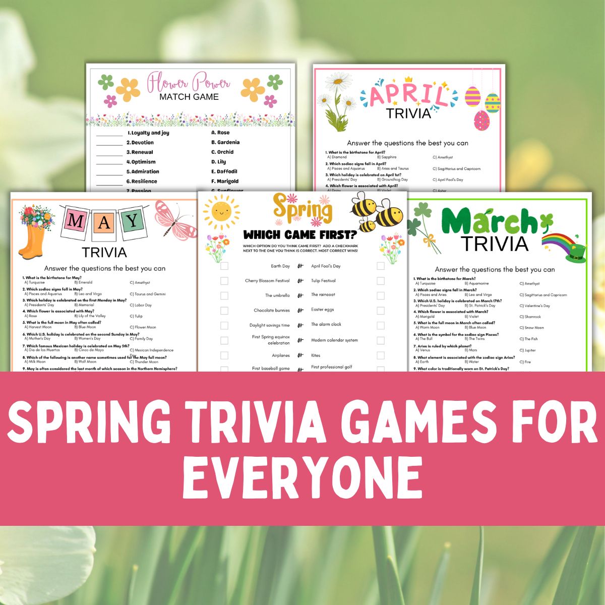 Collage of spring trivia games.