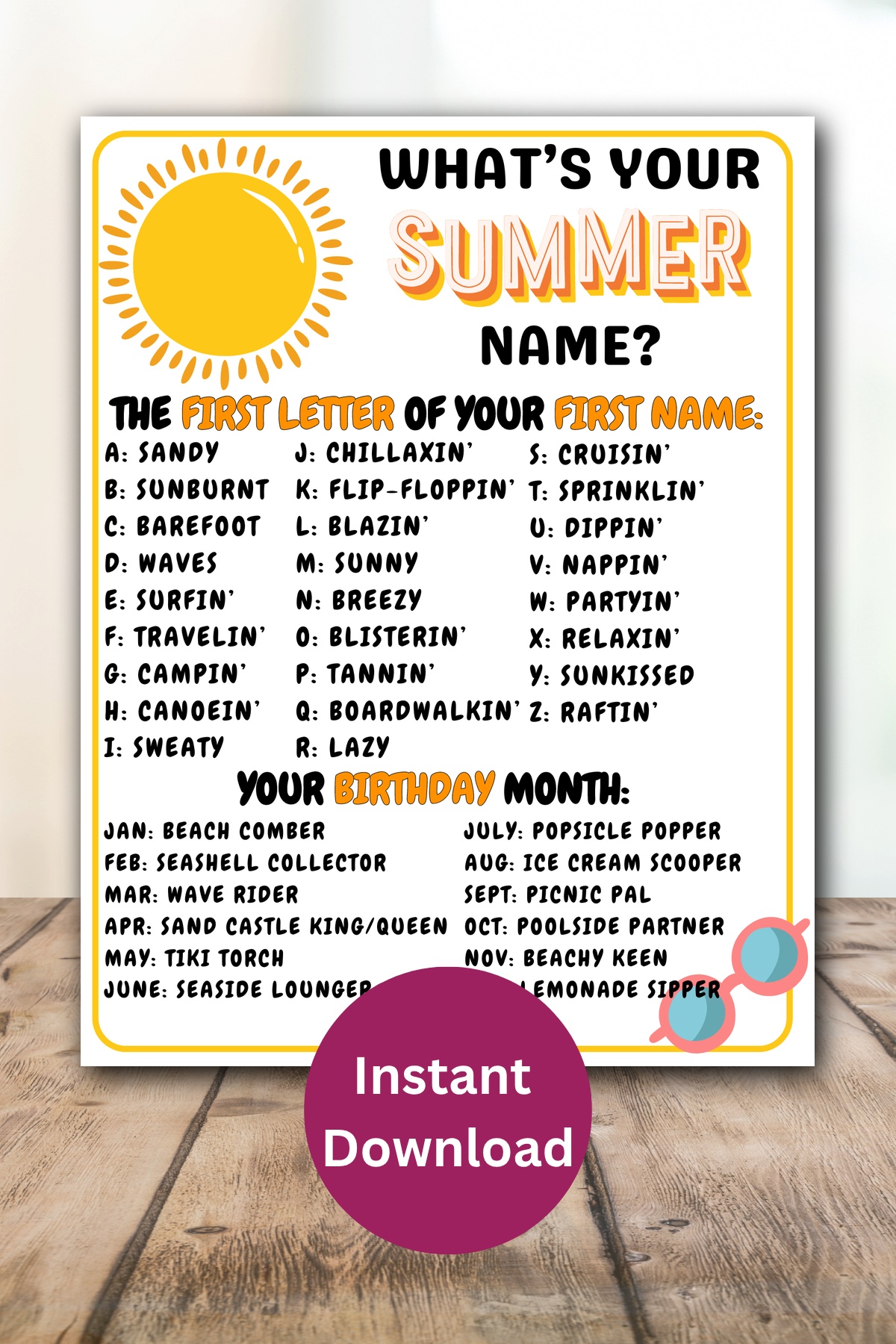 Whats your summer name game printable.