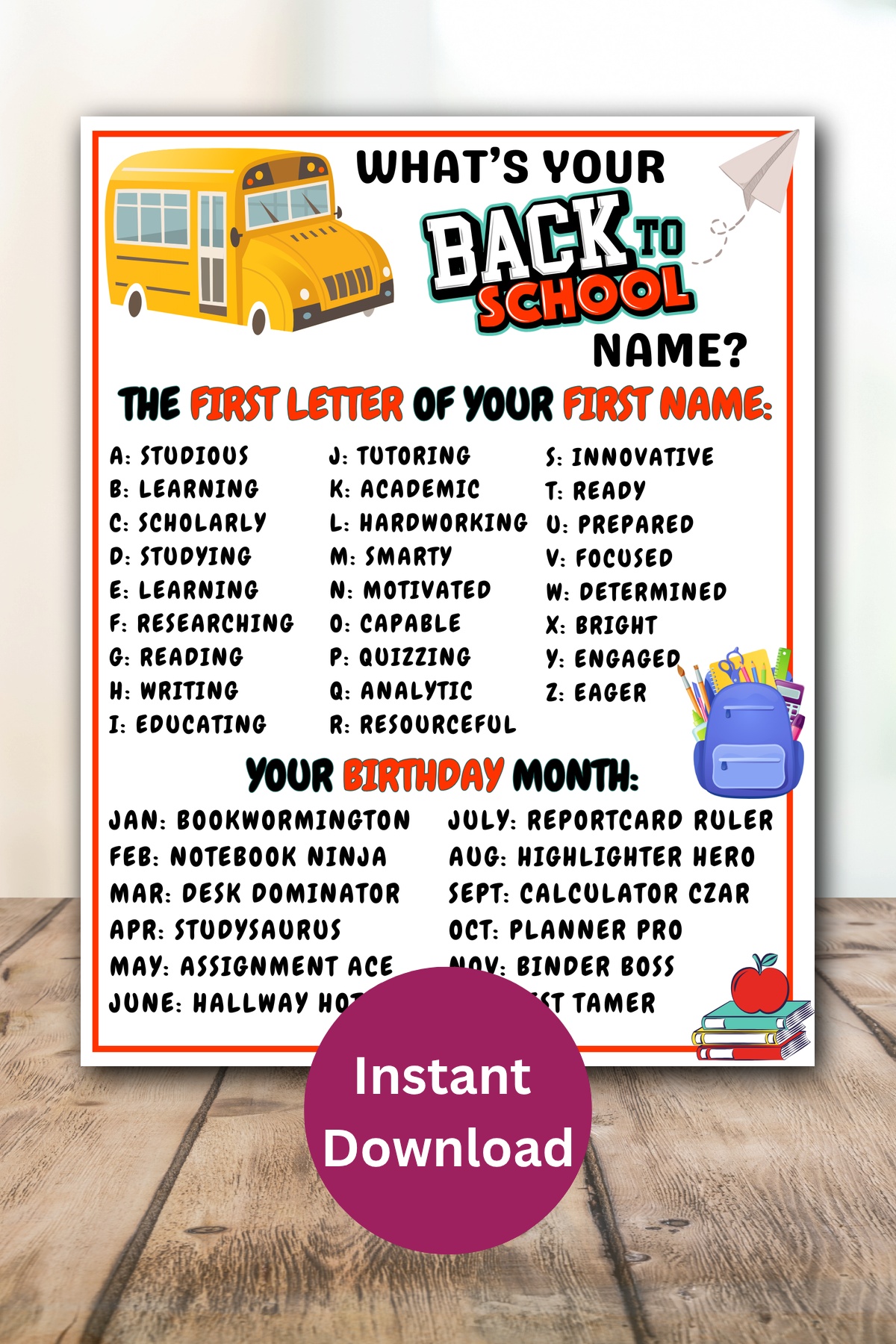 Whats your back to school name game printable.