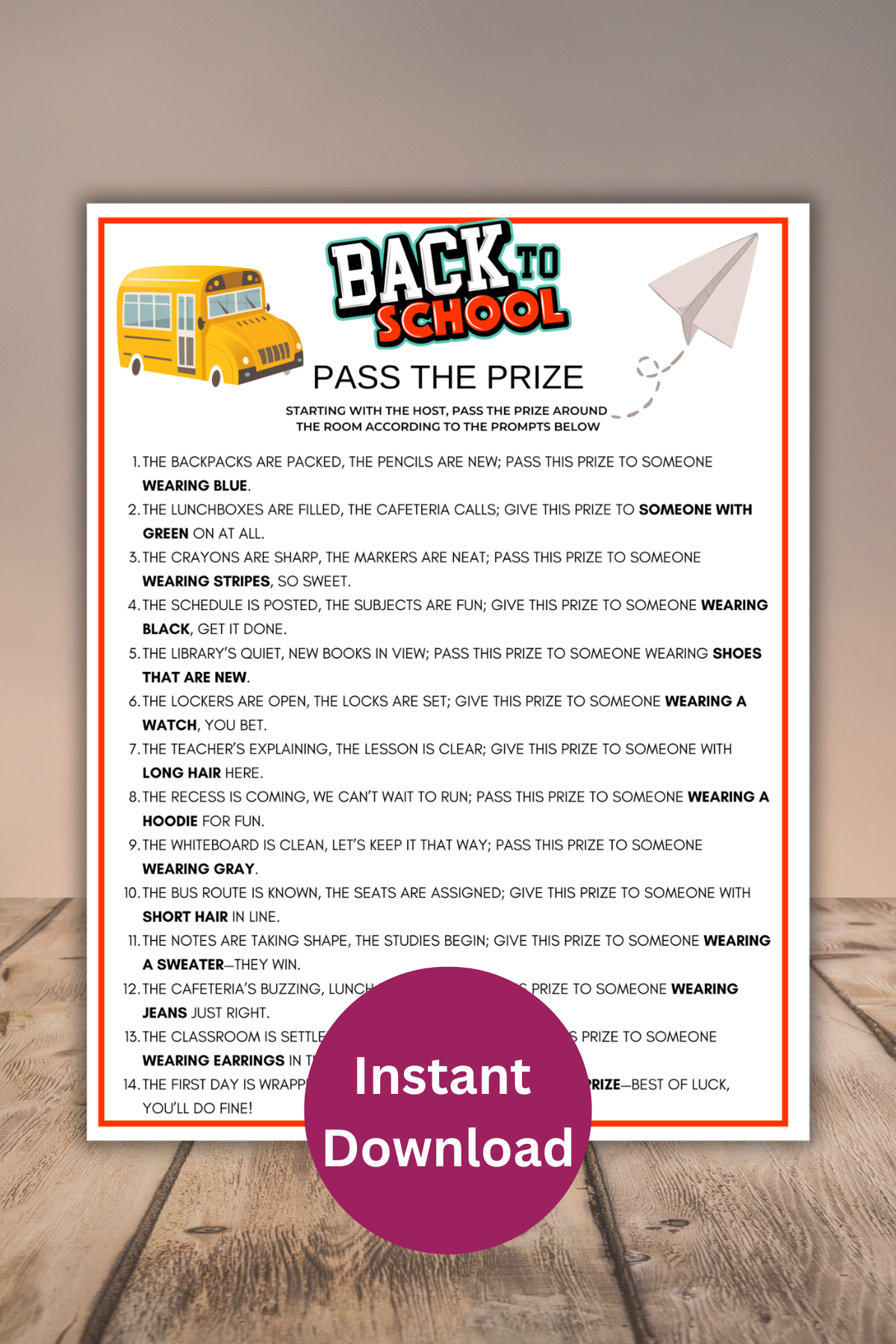 Back to school pass the prize printable game.