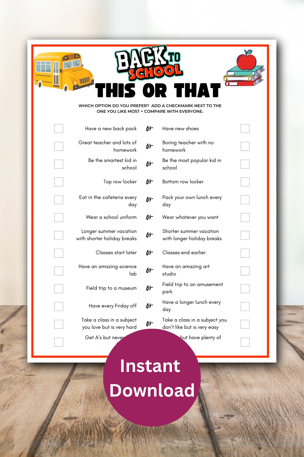 Back to school this or that game printable.