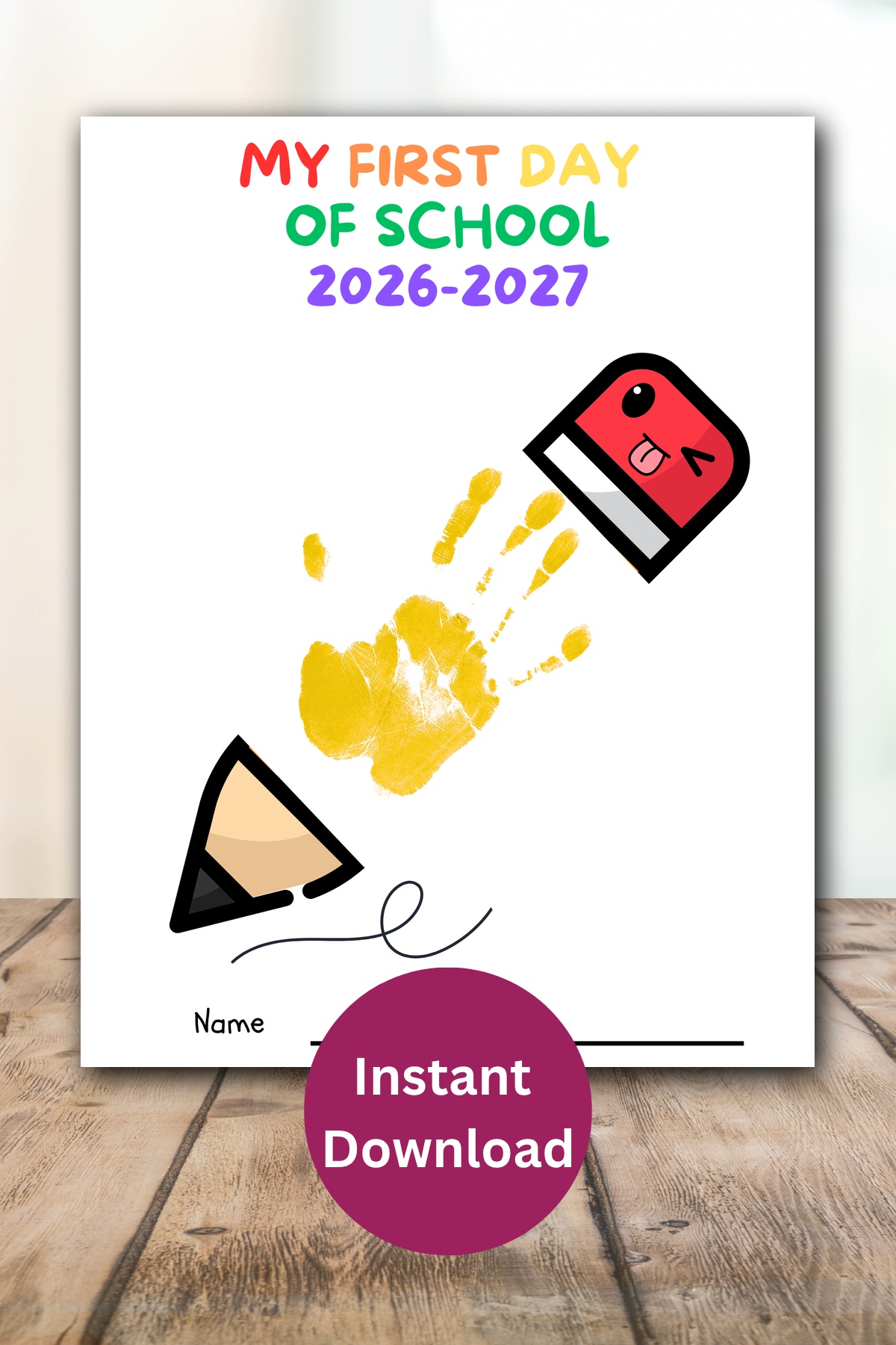 First day of school with pencil handprint printable.