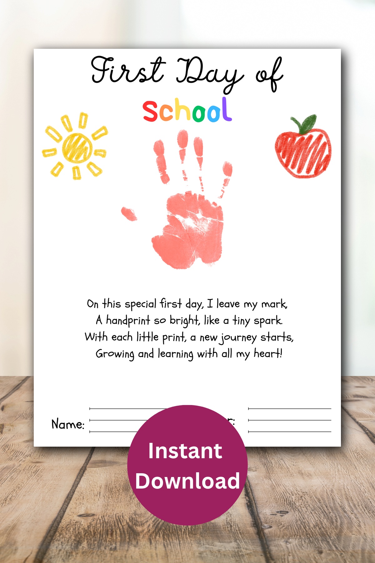 First day of school with poem handprint printable.