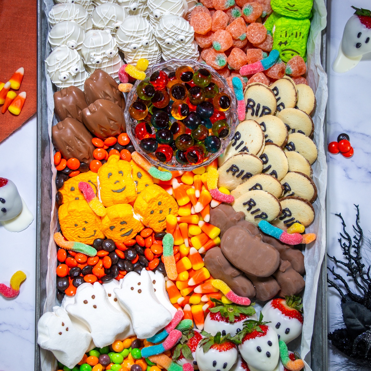 Spooky Halloween dessert board.