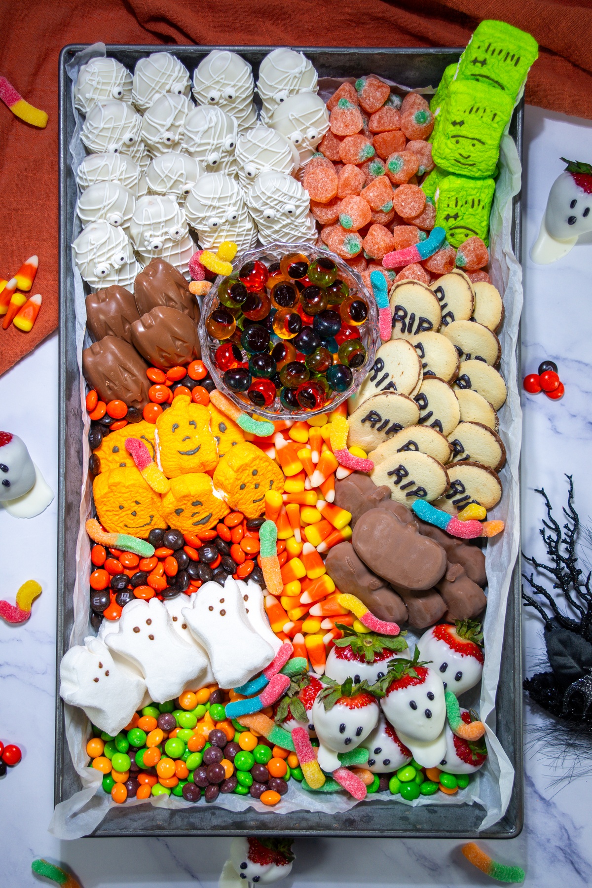 Spooky Halloween dessert board.