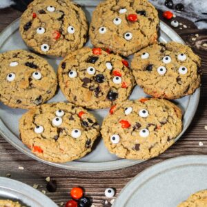 Halloween monster cookies on a plate.
