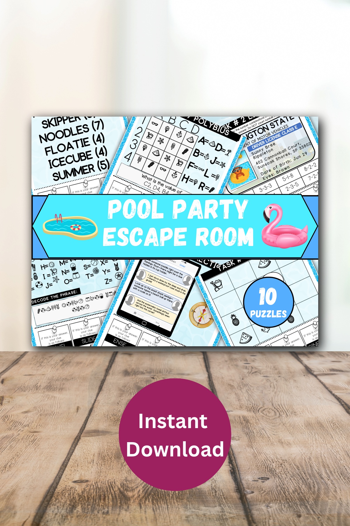Pool party escape room game printable.