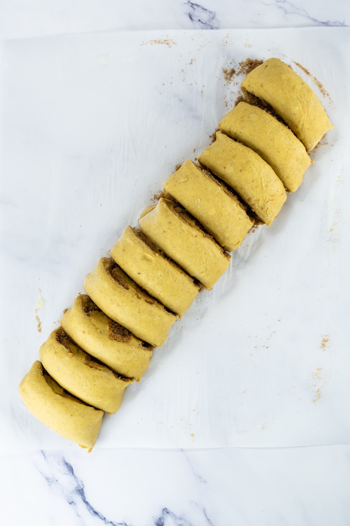 Unbaked pumpkin cinnamon roll dough log sliced into 12 rounds showing brown sugar filling, on parchment paper.