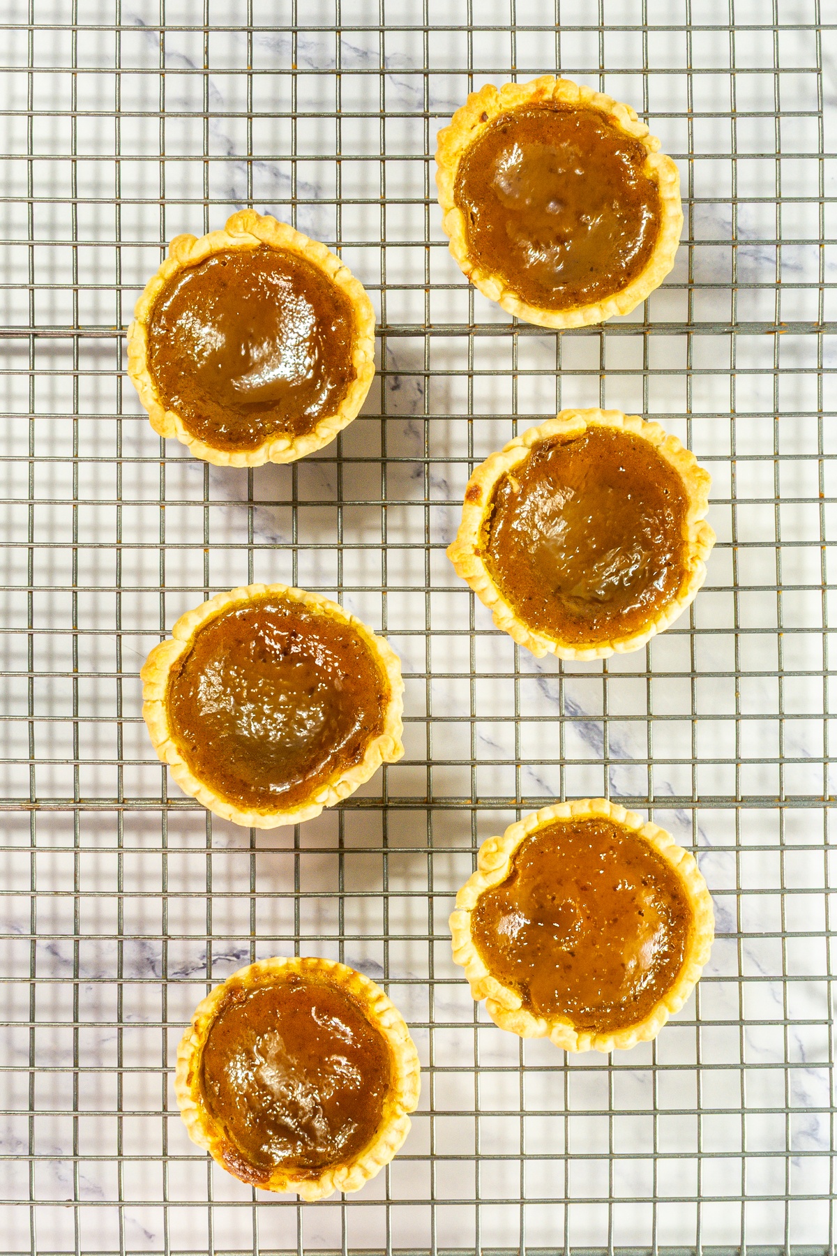 Baked mini pumpkin pies on a cooling rack.