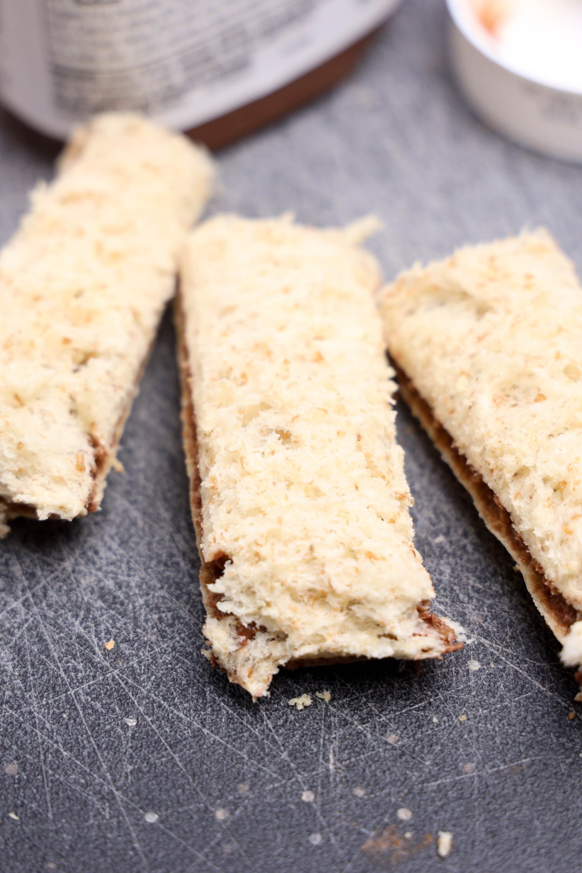 Nutella sandwiches cut into strips.