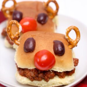 Rudolph decorated sloppy joes on a plate.