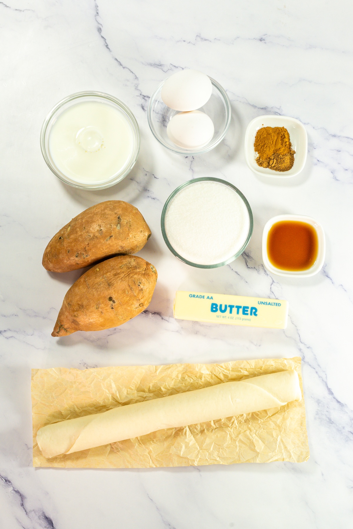 Mini sweet potato pie ingredients on a counter.