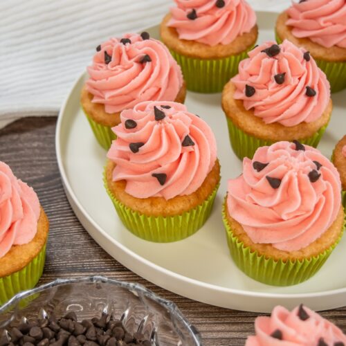Watermelon cupcakes on a plate.