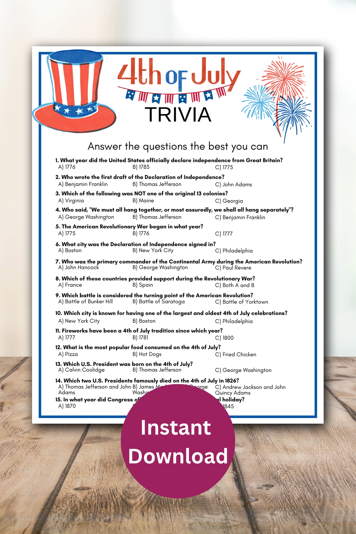 July 4th trivia printable game.