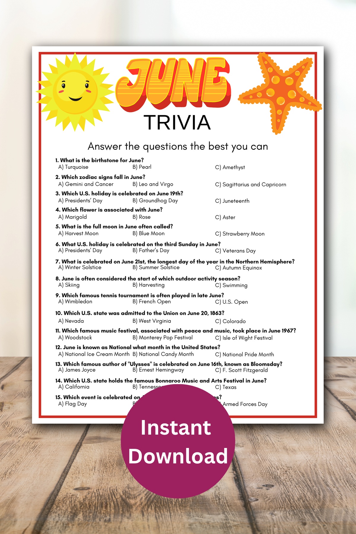 June trivia printable game.