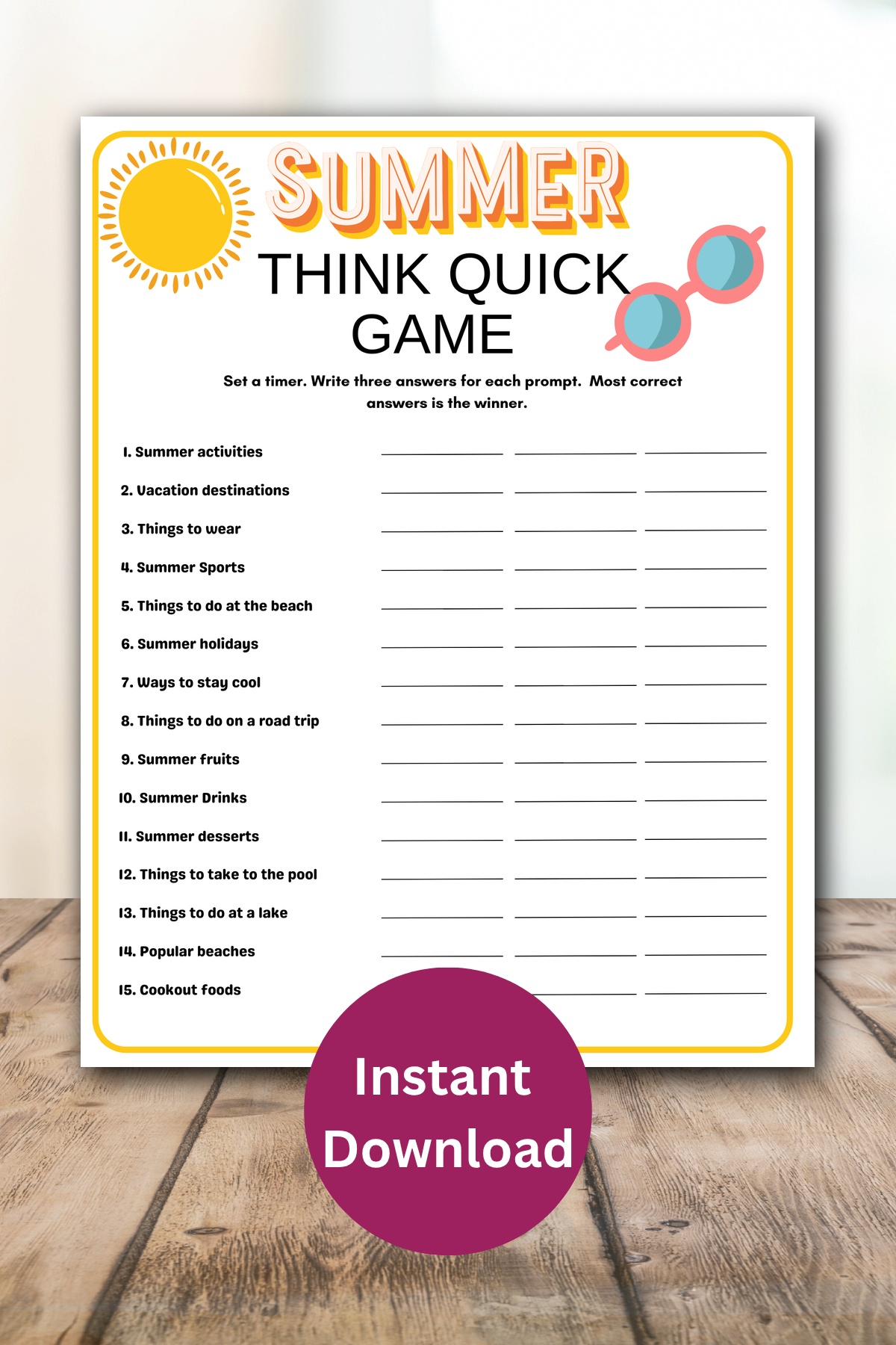 Summer think quick printable game.