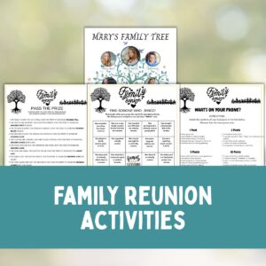 Collage of family reunion activities.