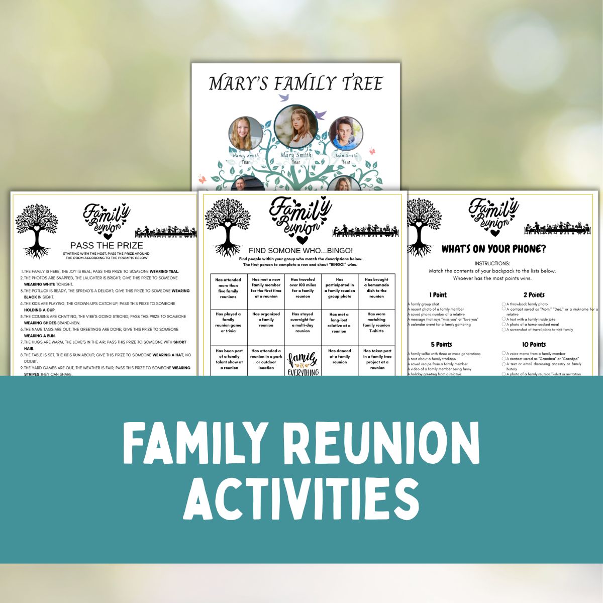Collage of family reunion activities.