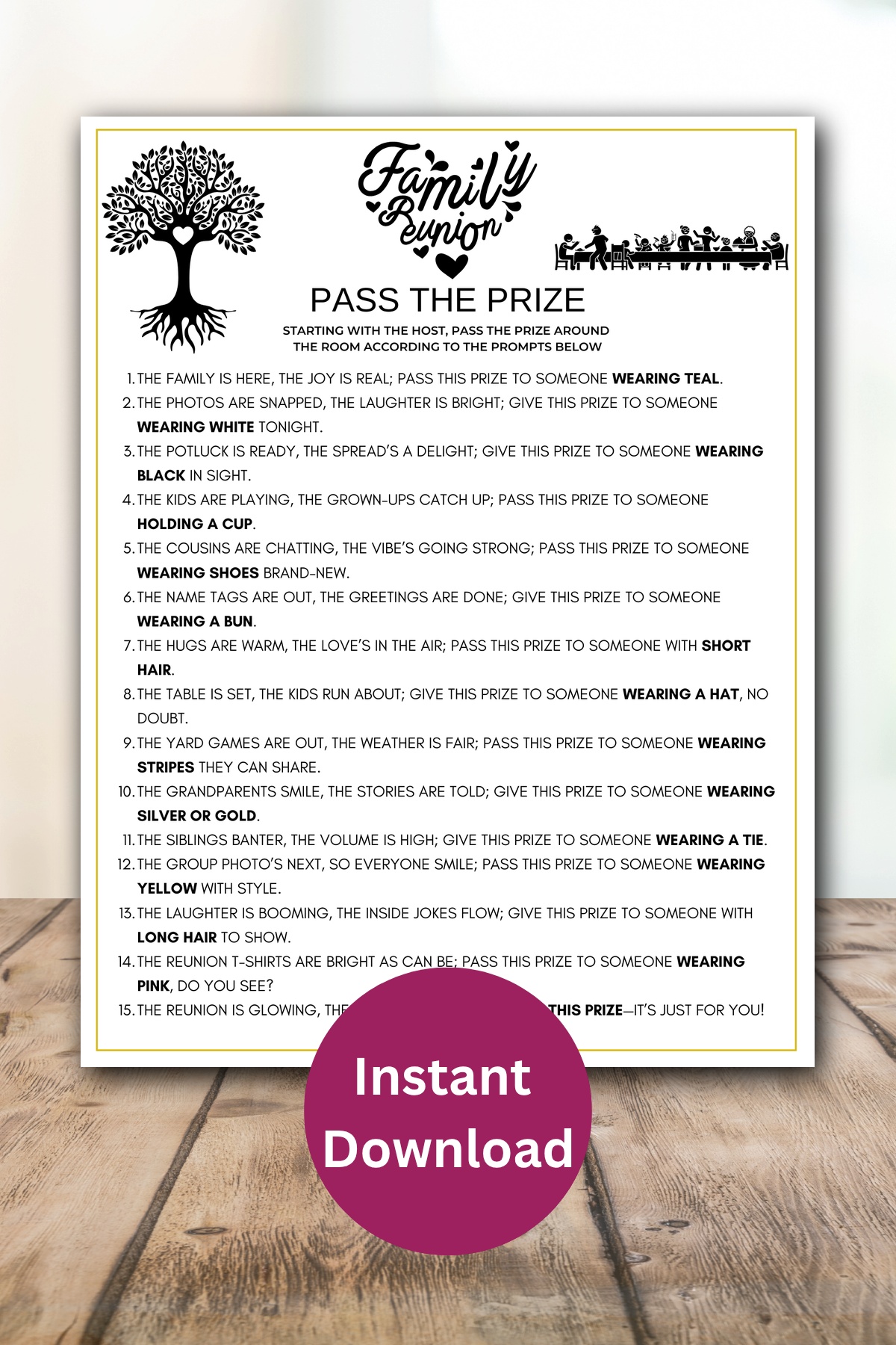 Family reunion pass the prize printable.