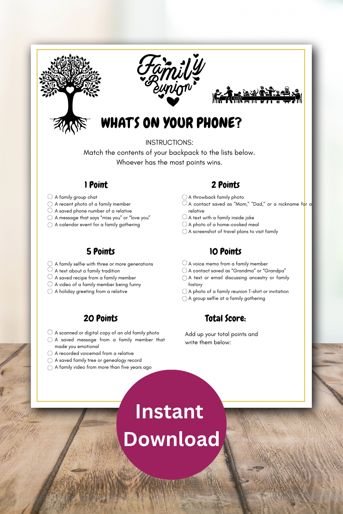 Family reunion whats on your phone printable.