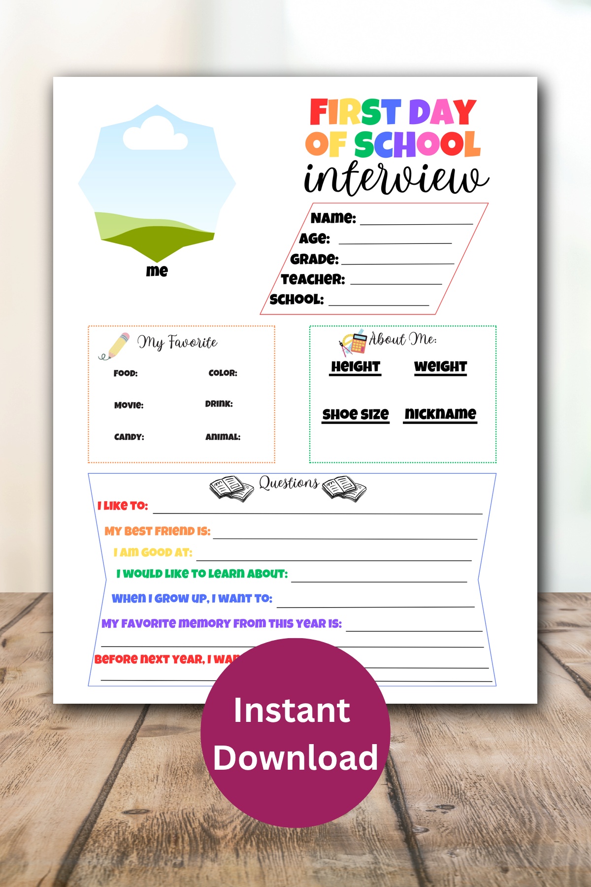 First day of school all about me printable.