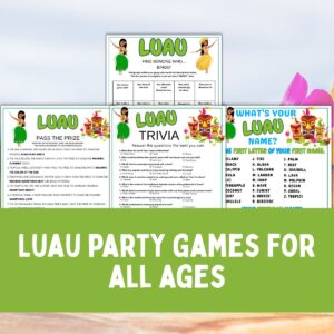 Collage of luau party game printables.
