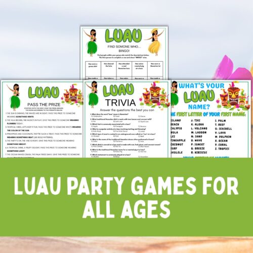 Collage of luau party game printables.