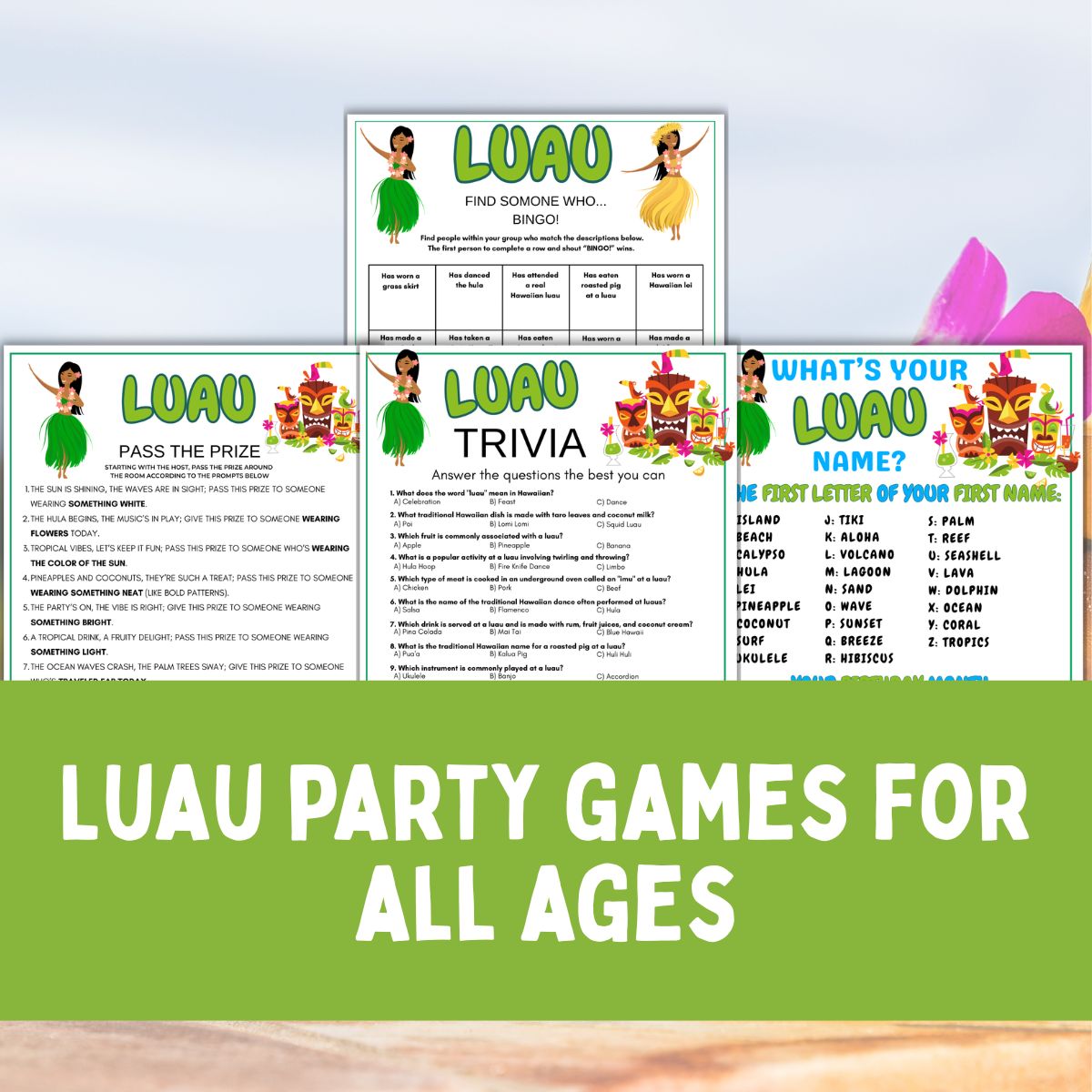 Collage of luau party game printables.