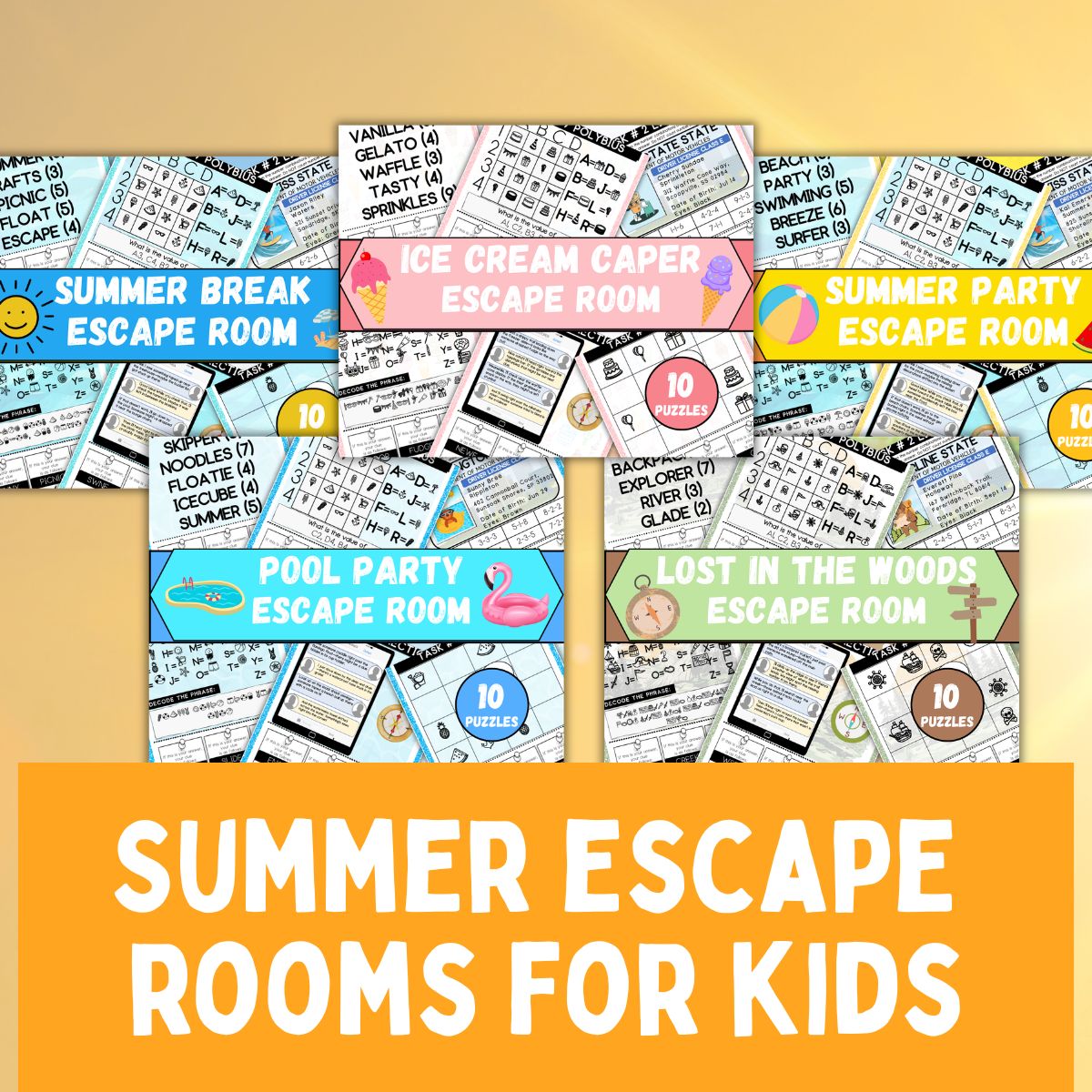 Collage of summer escape room games.