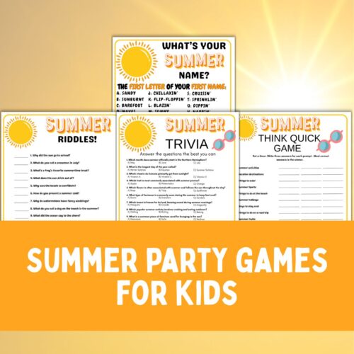 Collage of summer party printable games.