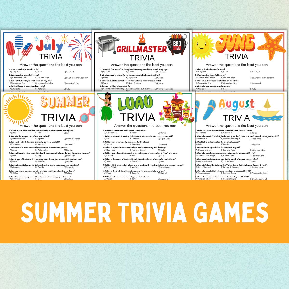 Collage of summer trivia game printables.