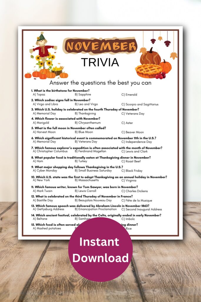 November trivia printable game.