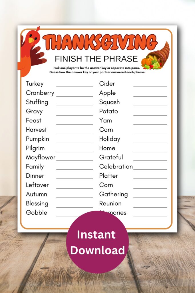 Thanksgiving finish the phrase printable.