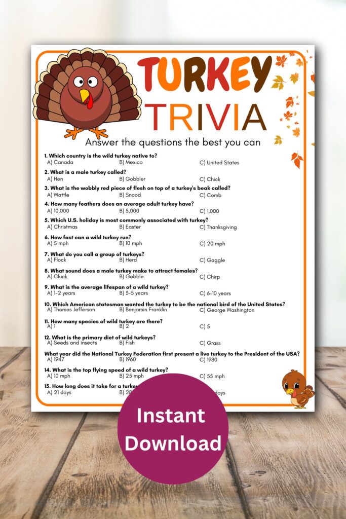 Turkey trivia printable game.