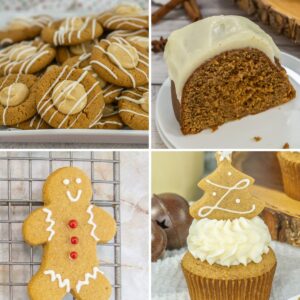 Collage of gingerbread desserts.